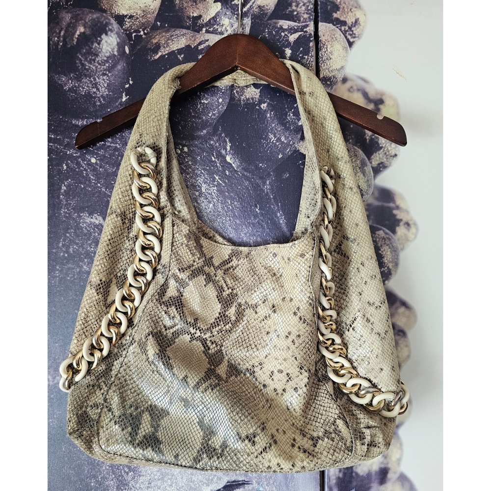 Michael Kors Snakeskin Embossed Leather Hobo Bag Gold Chain Link Beige Brown